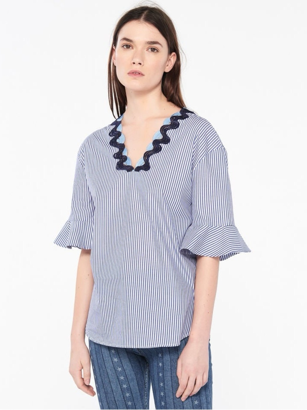 Sandro cotton striped bell sleeve blouse, size “2” (M)
